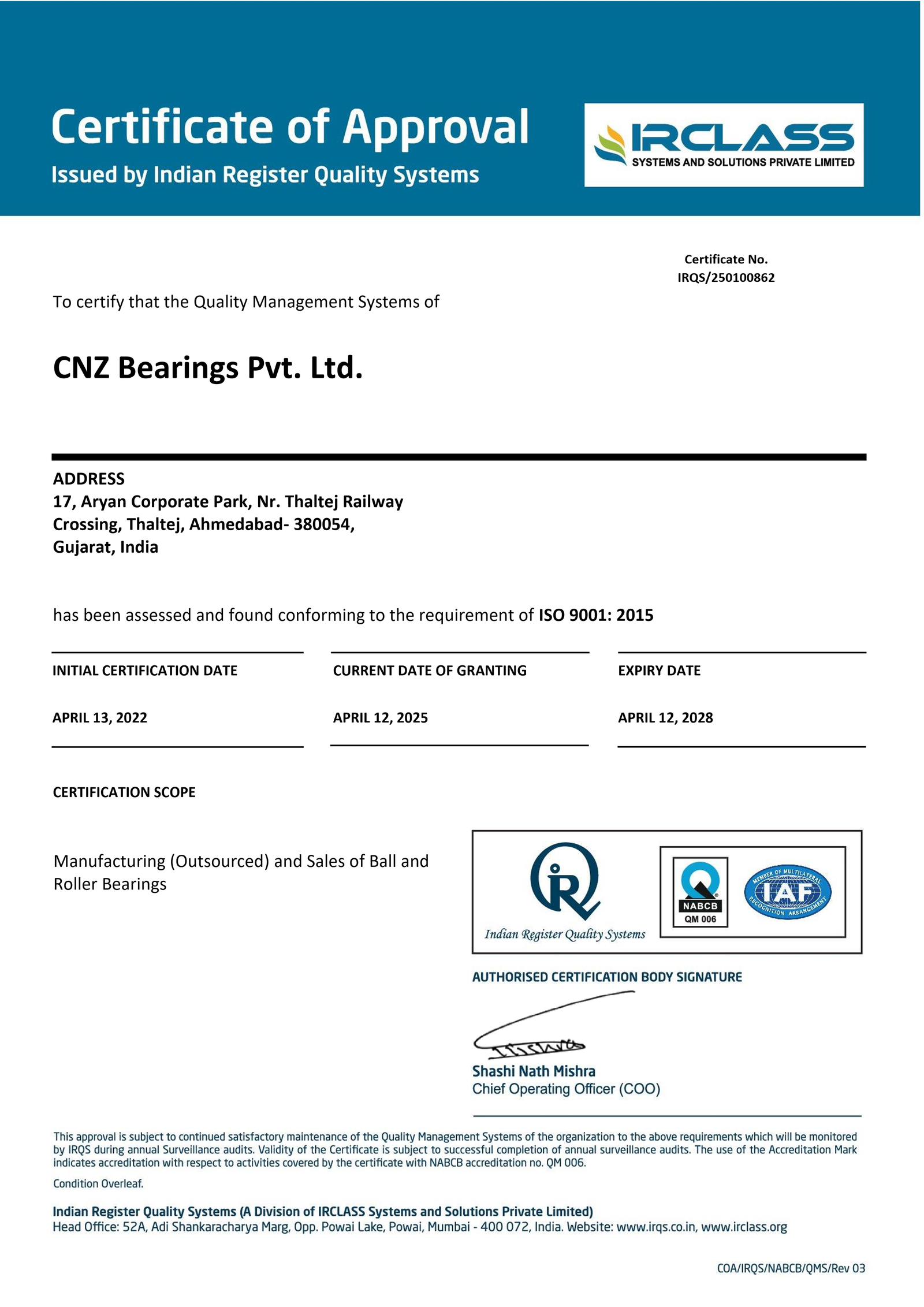ISO 9001:2015 Certificate - CNZ Bearings